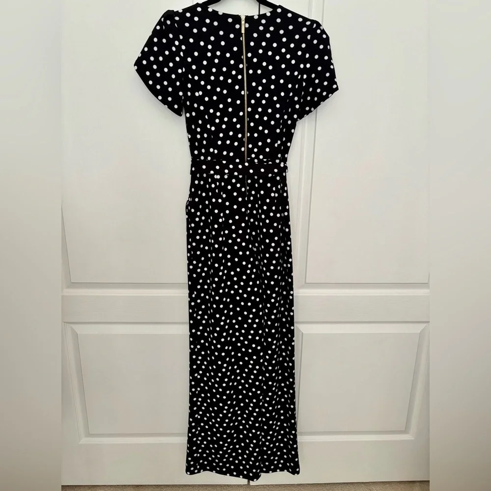 Calvin Klein Black Polka Dot Jumpsuit | Size 4 | Belted, Back Zip, Short Sleeve